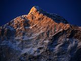 
The last rays at sunset burns the Makalu Southwest Face summit area, seen from Makalu Base Camp South (4850m).
